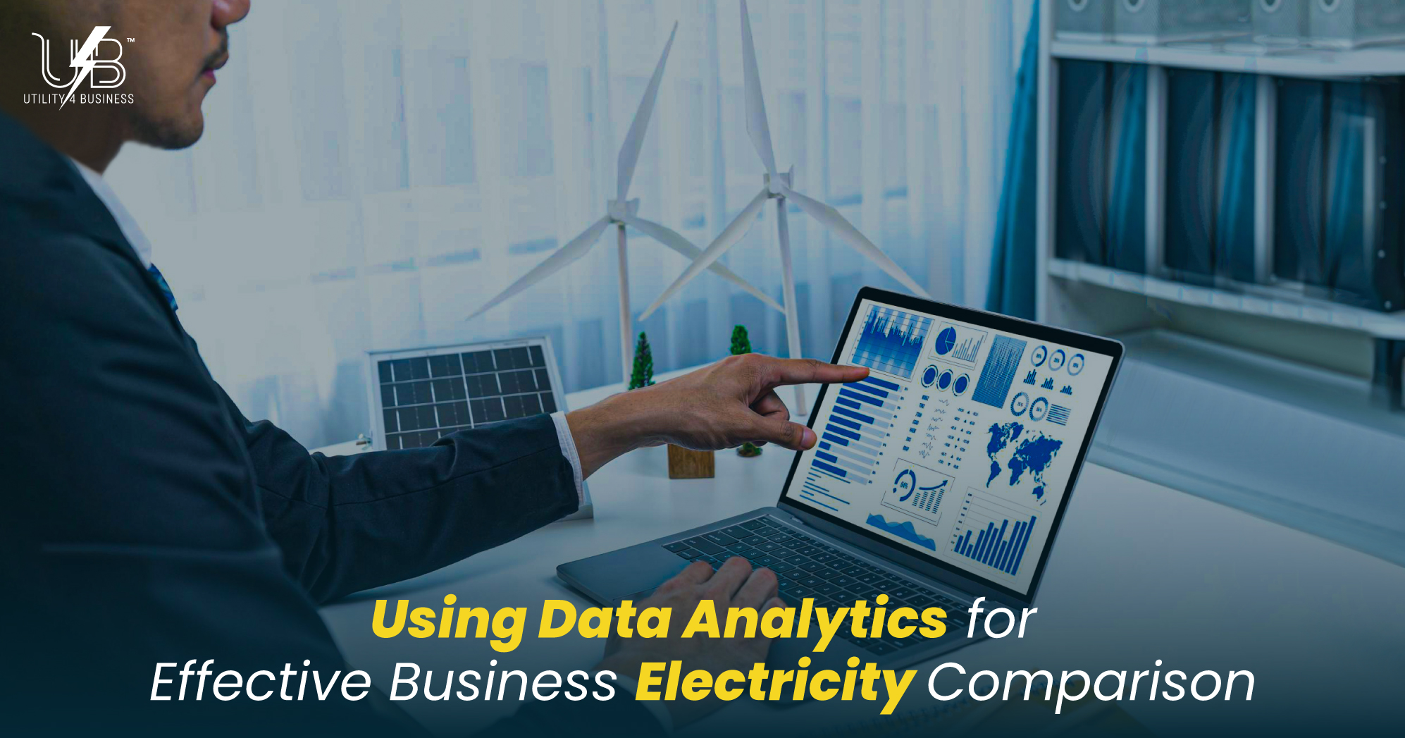 Business electricity comparison data analytics on laptop, helping UK companies choose the best tariff and save on energy costs.